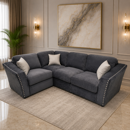 Lincoln 4 Piece Corner Sofa Chrome Studded With Silver Grey Velvet Fabric