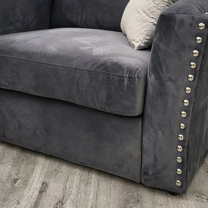 Lincoln 4 Piece Corner Sofa Chrome Studded With Silver Grey Velvet Fabric