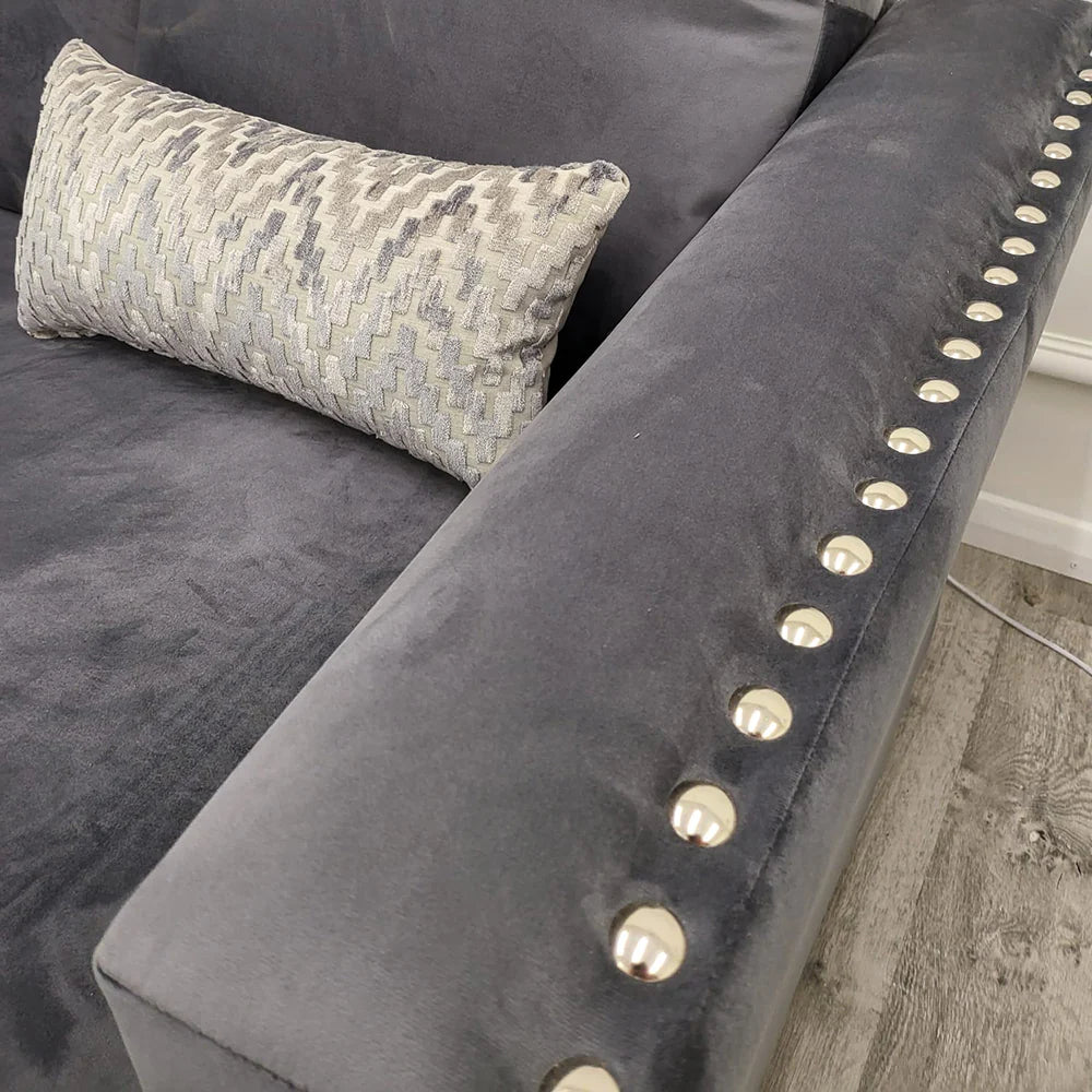 Lincoln 4 Piece Corner Sofa Chrome Studded With Silver Grey Velvet Fabric