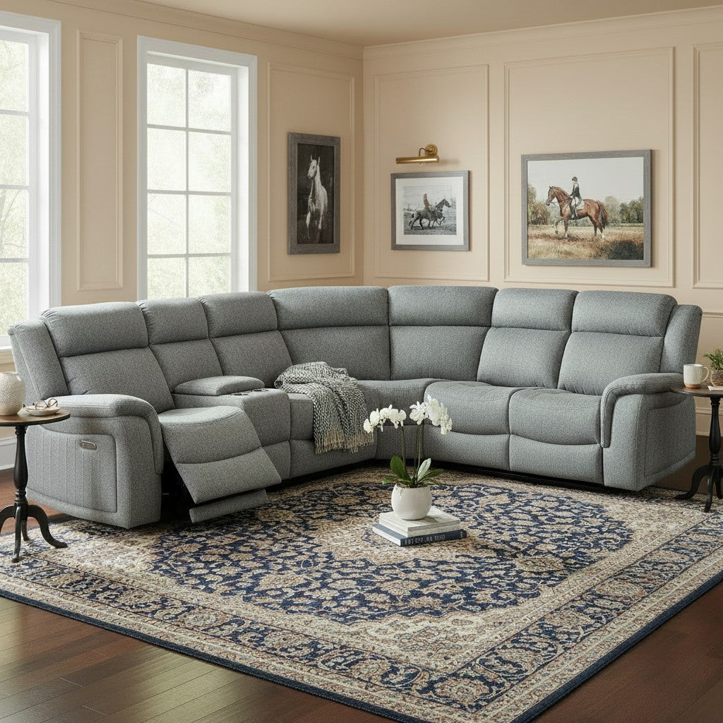 Linden Electric Recliner Cinema Console Grey Fabric Large Corner Sofa