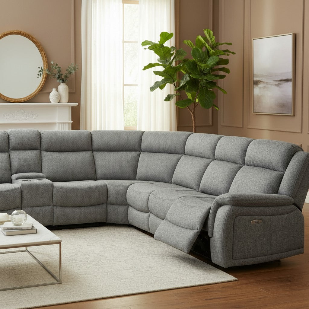 Linden Electric Recliner Cinema Console Grey Fabric Large Corner Sofa