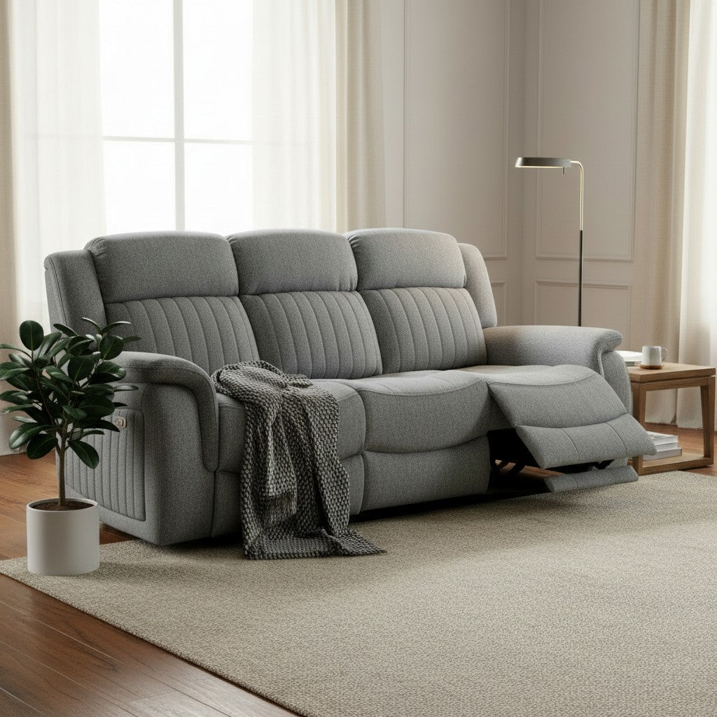 Linden Electric Recliner Grey Fabric Cinema Console 3 Seater Sofa