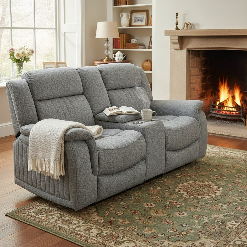Linden Electric Recliner Grey Fabric Cinema Console 2 Seater Sofa