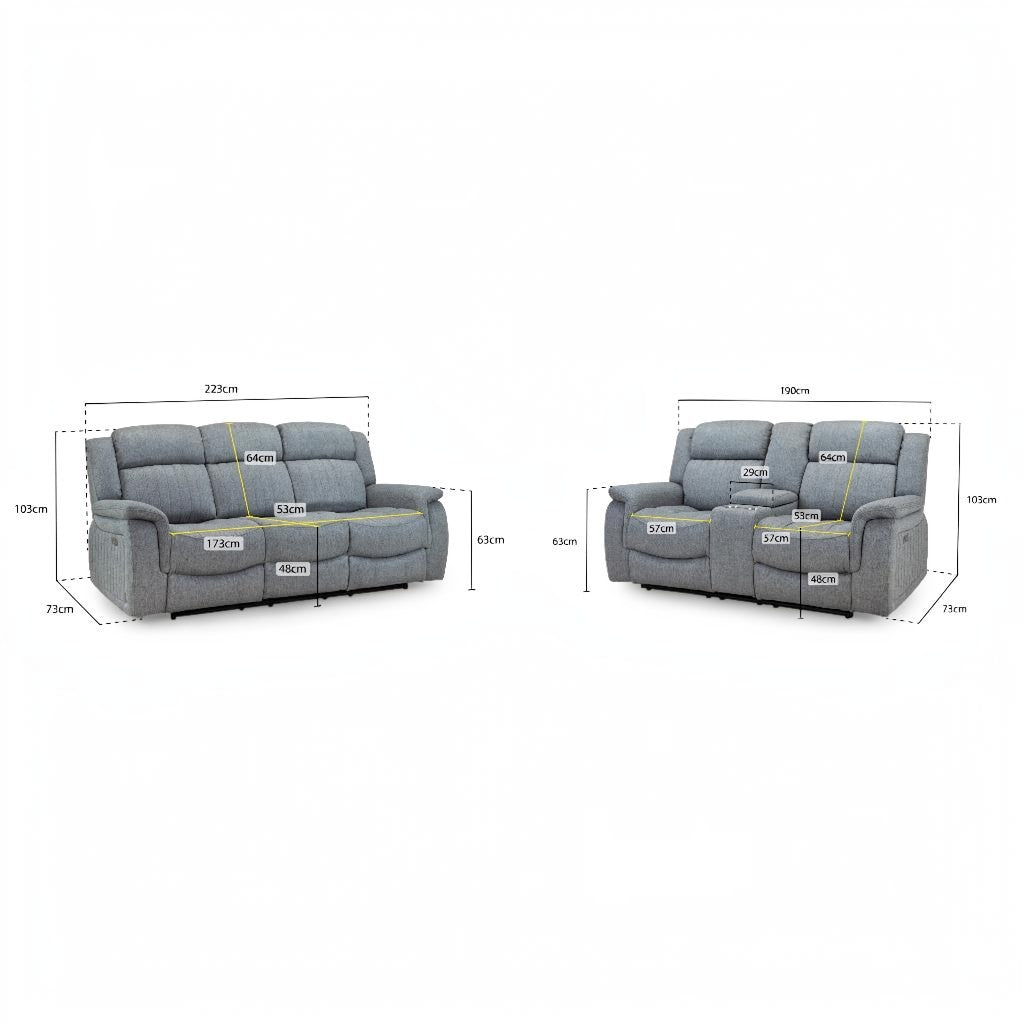 Linden Electric Recliner Grey Fabric Cinema Console 3+2 Sofa Suite
