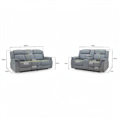 Linden Electric Recliner Grey Fabric Cinema Console 3+2 Sofa Suite
