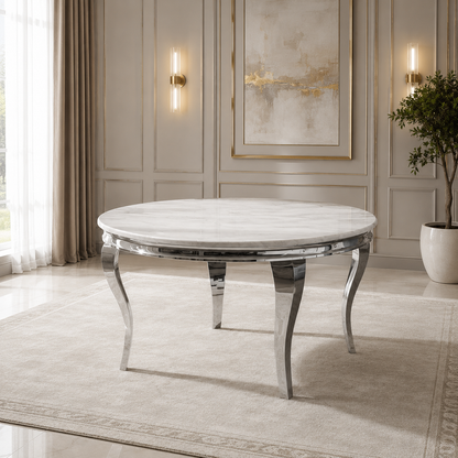 Louis 1.3m Round Chrome Dining Table With Polar White Sintered Stone
