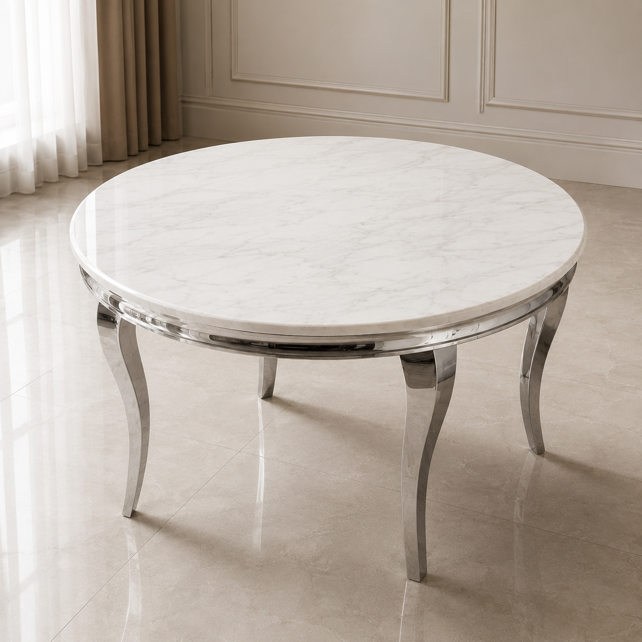 Louis 1.3m Round Chrome Dining Table With Polar White Sintered Stone