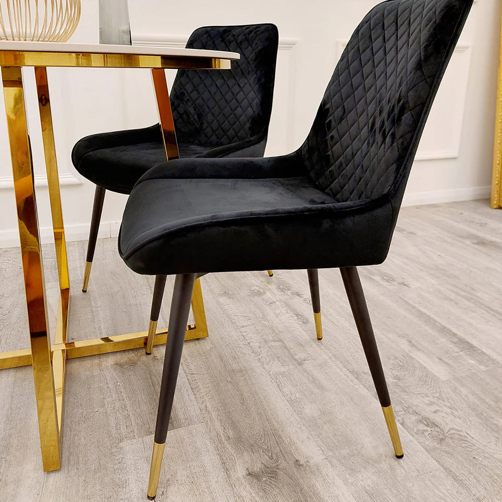 Luna Dining Chair In Black Velvet Fabric With Gold Tipped Black Legs