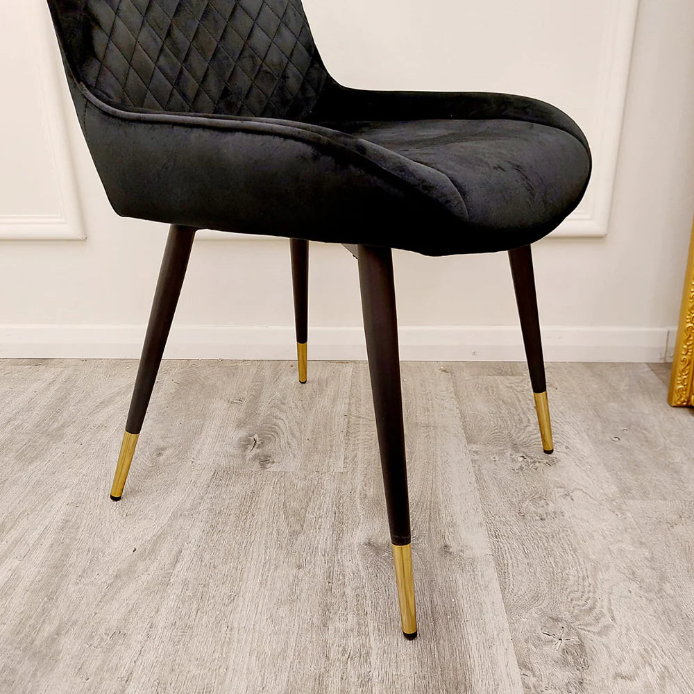 Luna Dining Chair In Black Velvet Fabric With Gold Tipped Black Legs