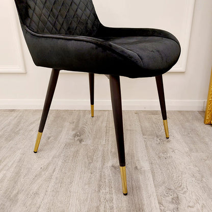 Luna Dining Chair In Black Velvet Fabric With Gold Tipped Black Legs