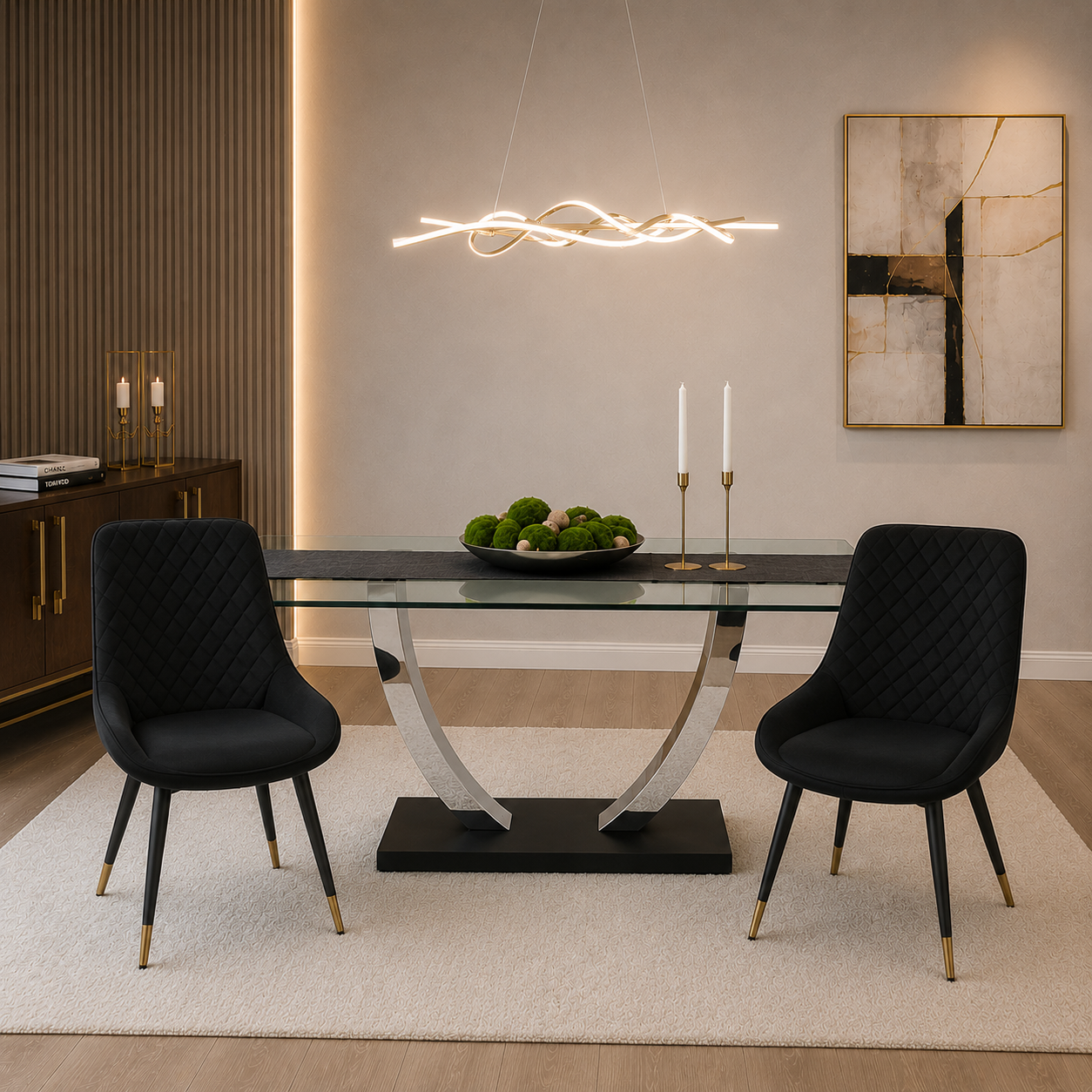 Luna Dining Chair In Black Velvet Fabric With Gold Tipped Black Legs