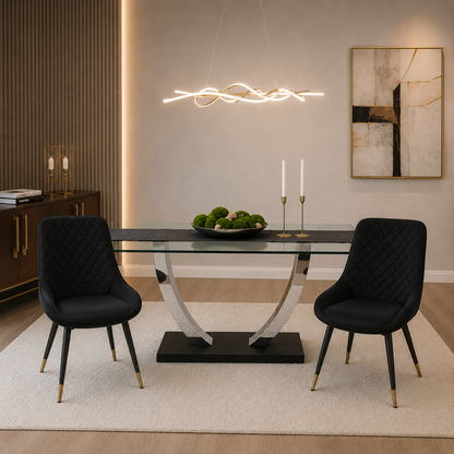 Luna Dining Chair In Black Velvet Fabric With Gold Tipped Black Legs