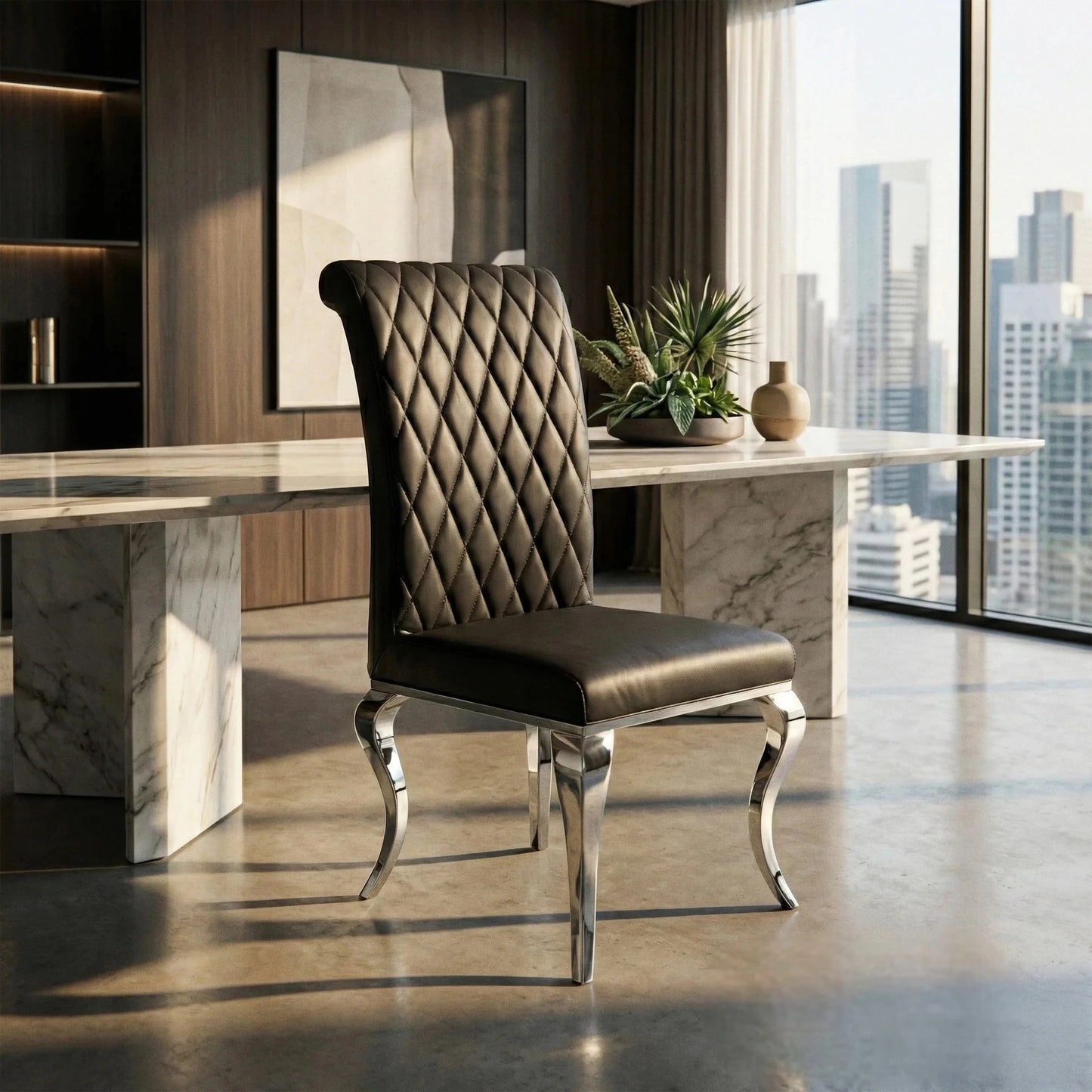Luxury Niklas Black Faux Leather Dining Chair With Chrome Curved Legs