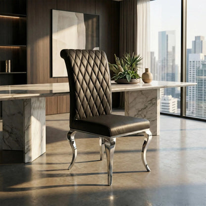 Luxury Niklas Black Faux Leather Dining Chair With Chrome Curved Legs