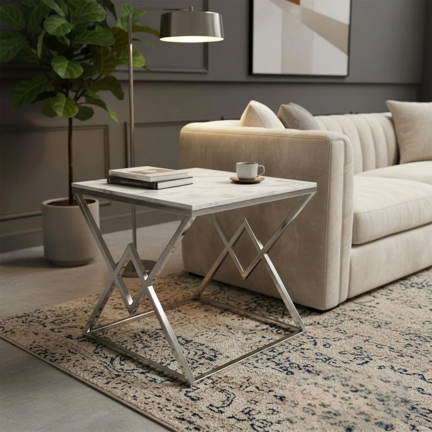 Luxury Airi Modern Chrome Side End Lamp Table With 55x55cm Ash Grey Sintered Stone Top