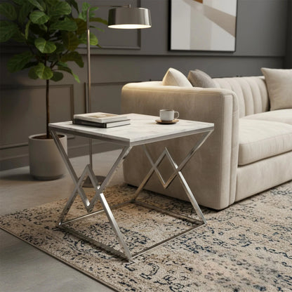 Luxury Airi Modern Chrome Side End Lamp Table With 55x55cm Ash Grey Sintered Stone Top