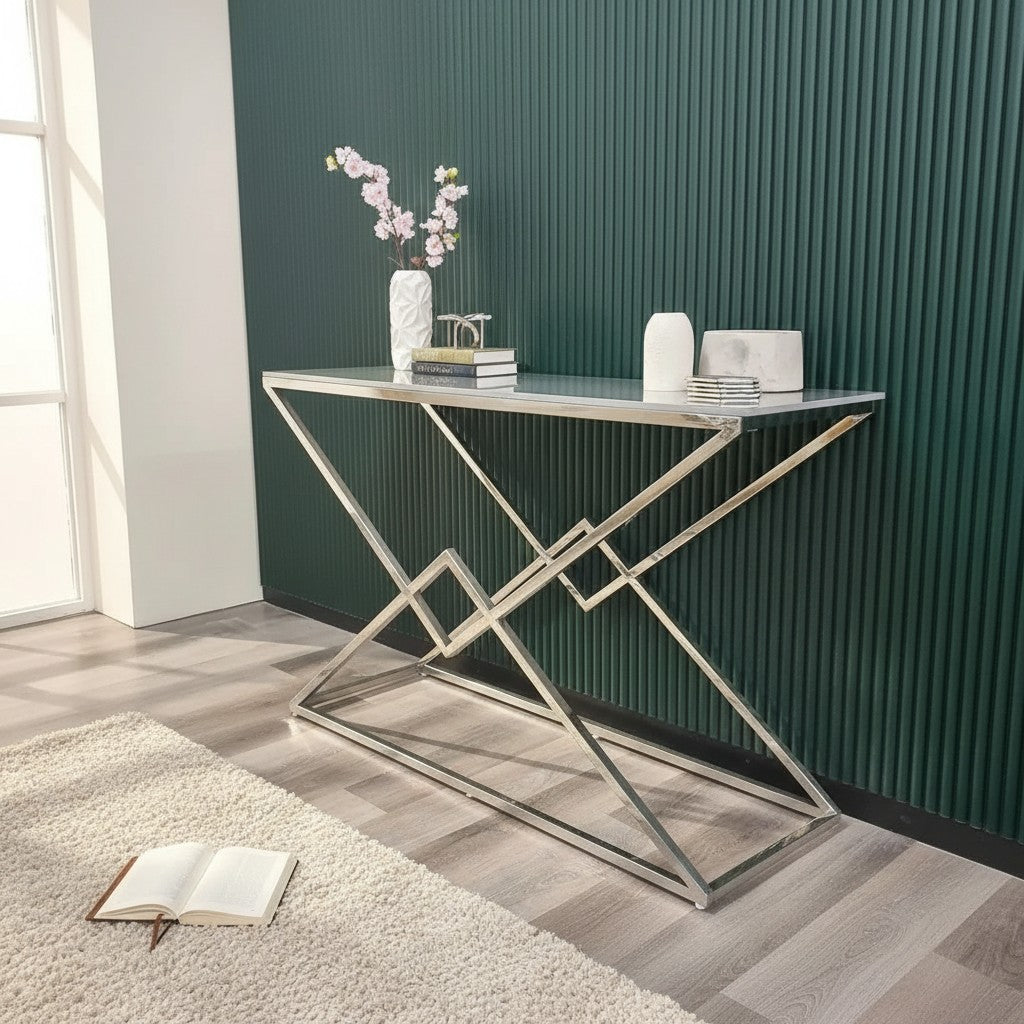 Luxury Airi Modern Design Chrome Console Table With 120x40cm Grey Stone Top