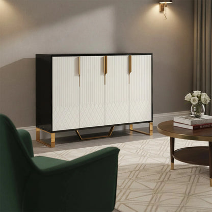 Luxury Alvar 120cm 4 Door Ribbed Sideboard Cabinet With Black Glass Top