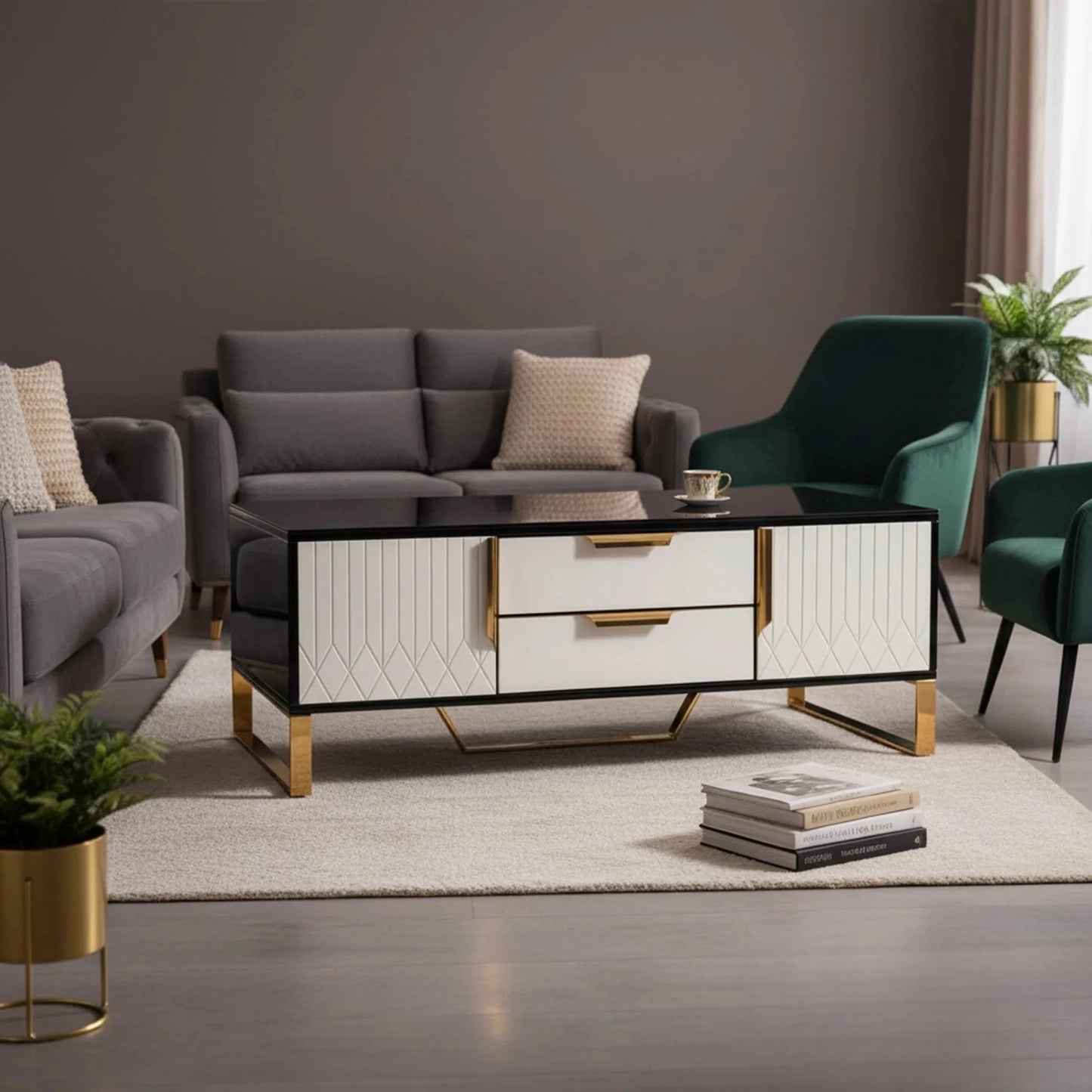 Luxury Alvar 130cm Gold Ribbed Coffee Table With Black Glass Top and Drawers