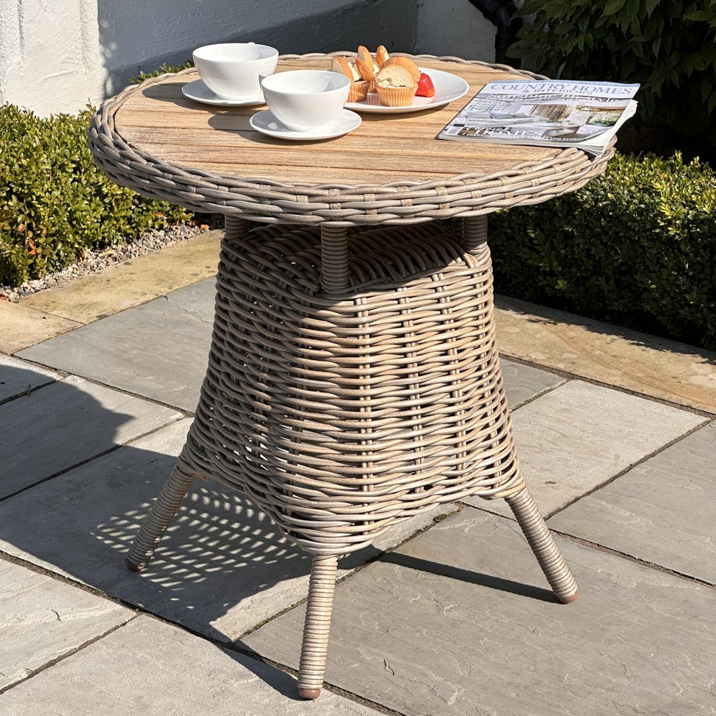 Luxury Amalfi Beige Metal Outdoor Bistro Table With Wood Top