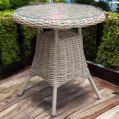 Luxury Amalfi 70cm Outdoor Bistro Table In Beige Rattan Effect Base With Glass Top