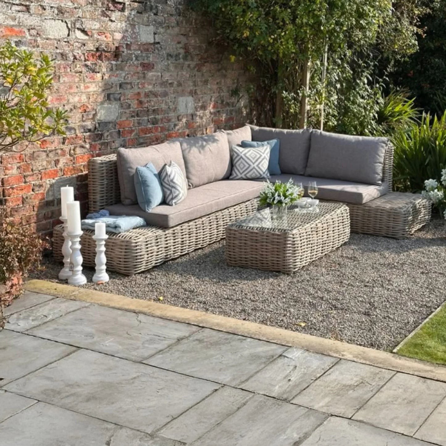 Luxury Amalfi Outdoor Large Corner Sofa Set In Beige Rattan Effect With Glass Coffee Table
