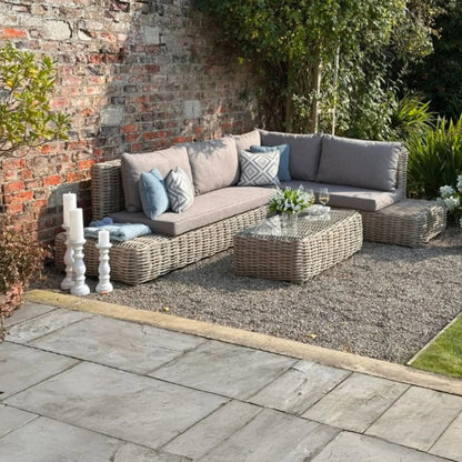 Luxury Amalfi Outdoor Large Corner Sofa Set In Beige Rattan Effect With Glass Coffee Table