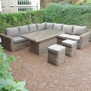 Luxury Amalfi Outdoor Modular Corner Sofa Set In Beige Wicker With Riser Dining Table And Stools