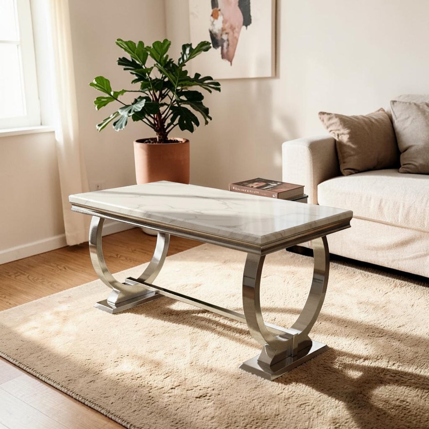 Luxury Arriana Dining Table With Double Ring Chrome Base In White Marble