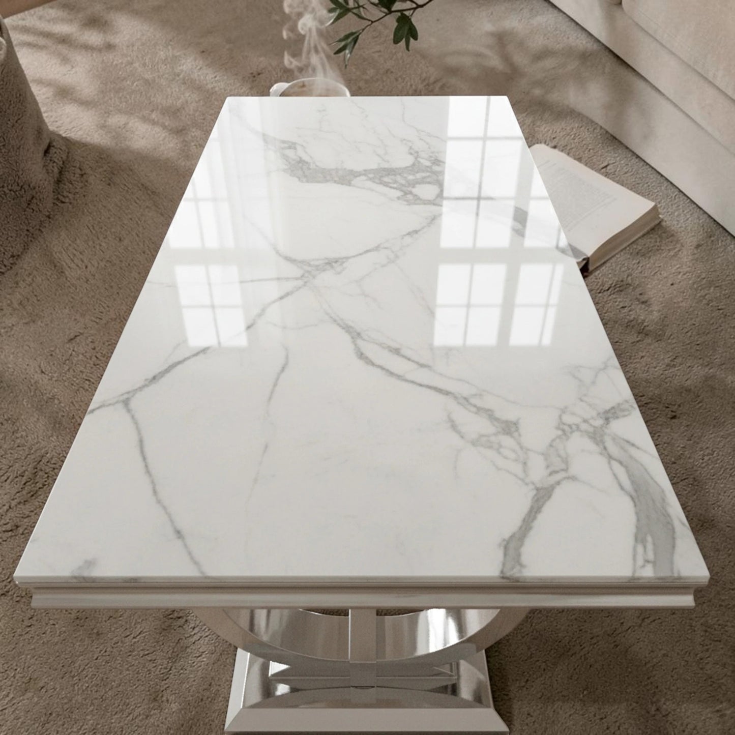 Luxury Arriana Dining Table With Double Ring Chrome Base In White Marble