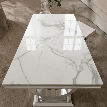Luxury Arriana Dining Table With Double Ring Chrome Base In White Marble