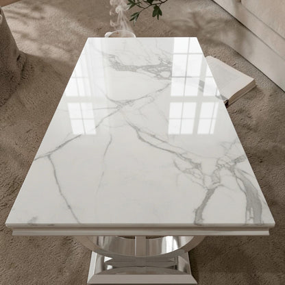 Luxury Arriana Dining Table With Double Ring Chrome Base In White Marble