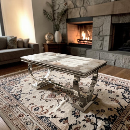 Luxury Arriana Dining Table With Double Ring Chrome Base In White Marble