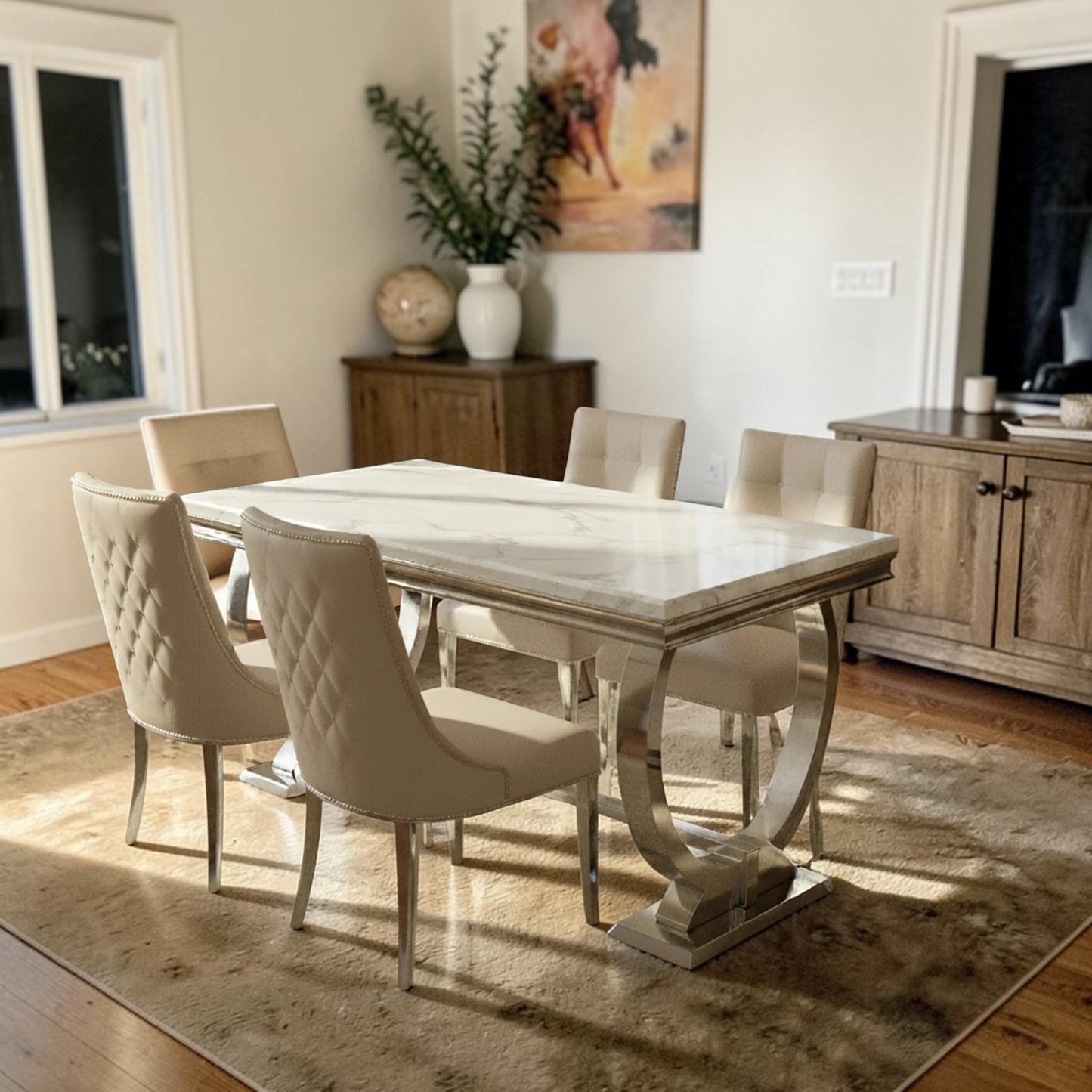 Luxury Arriana Dining Table With Double Ring Chrome Base In White Marble