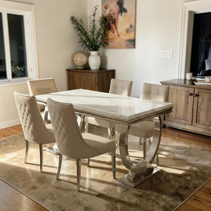 Luxury Arriana Dining Table With Double Ring Chrome Base In White Marble