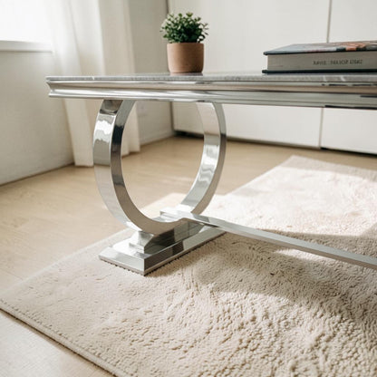 Luxury Arriana Dining Table With Double Ring Chrome Base In White Marble