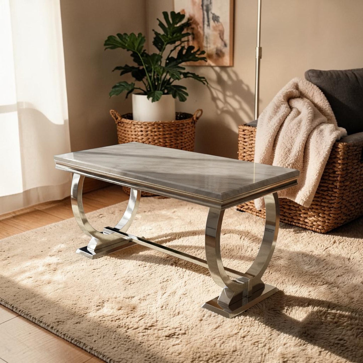 Luxury Arriana Dining Table With Double Ring Chrome Base In White Marble