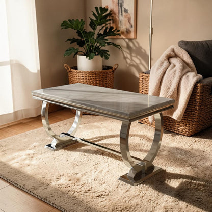 Luxury Arriana Dining Table With Double Ring Chrome Base In White Marble