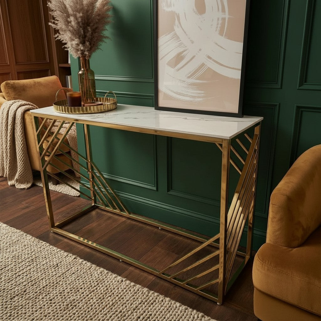 Luxury Asuka Slim Design Gold Console Table With 120x40cm Polar White Stone Top