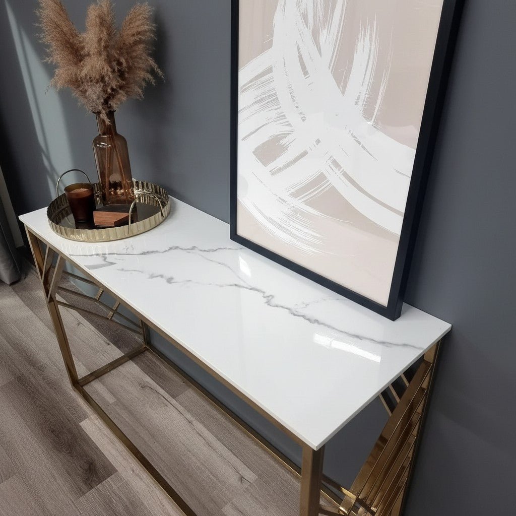 Luxury Asuka Slim Design Gold Console Table With 120x40cm Polar White Stone Top