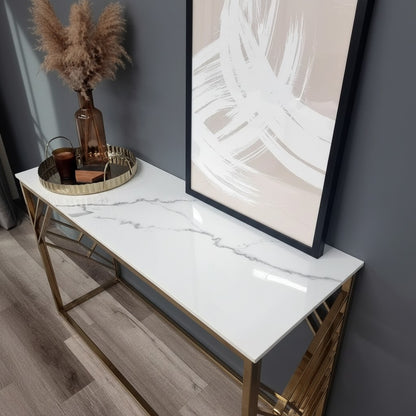 Luxury Asuka Slim Design Gold Console Table With 120x40cm Polar White Stone Top