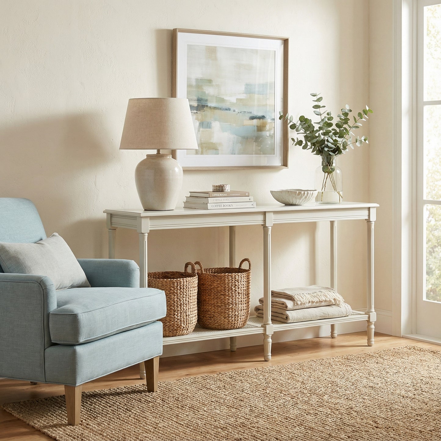 Luxury Belmont Rattan White Wood Large Console Table