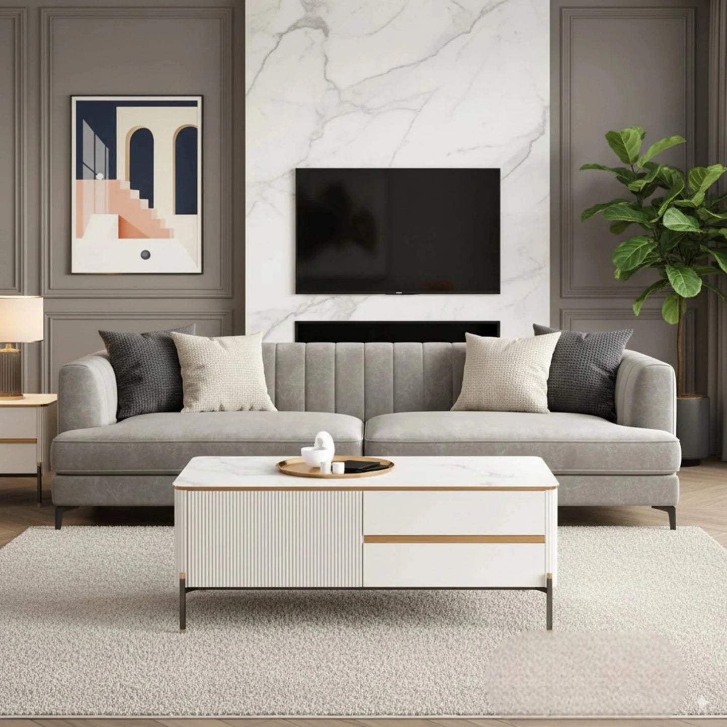 Luxury Bengt 130cm Ribbed Coffee Table With White Stone Top And 2 Drawers