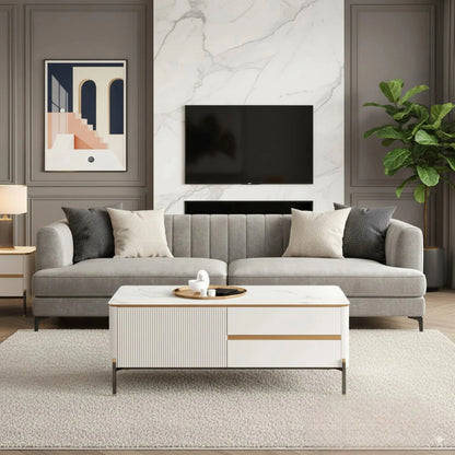 Luxury Bengt 130cm Ribbed Coffee Table With White Stone Top And 2 Drawers