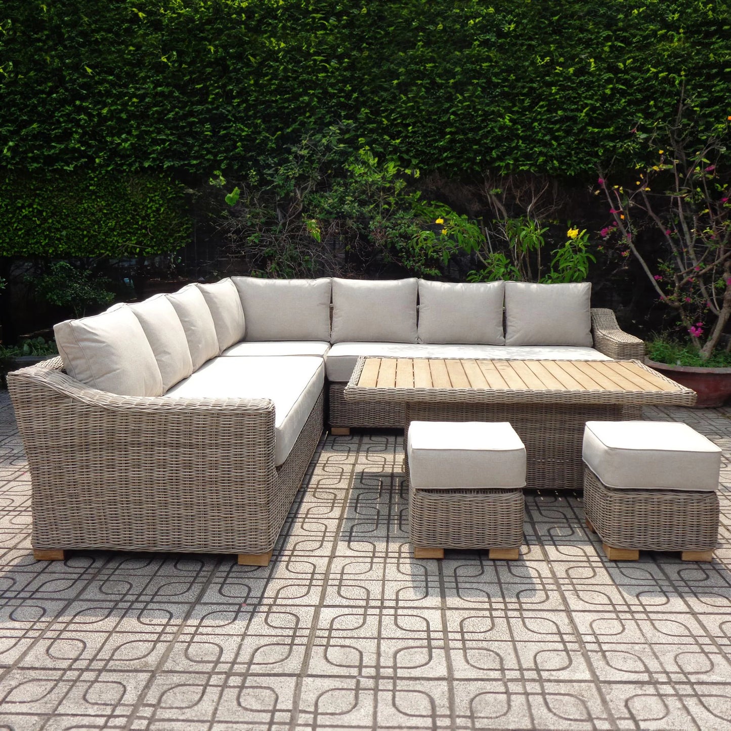Luxury Capri Outdoor Corner Sofa Set In Beige Rattan With Riser Table And 2 Stools