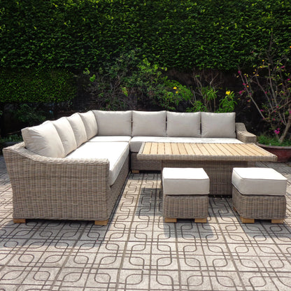 Luxury Capri Outdoor Corner Sofa Set In Beige Rattan With Riser Table And 2 Stools