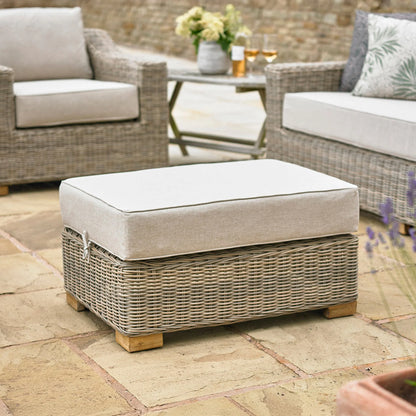 Luxury Capri Outdoor In Beige Wicker Footstool With Acacia Wood Feet And Weatherproof Cushion