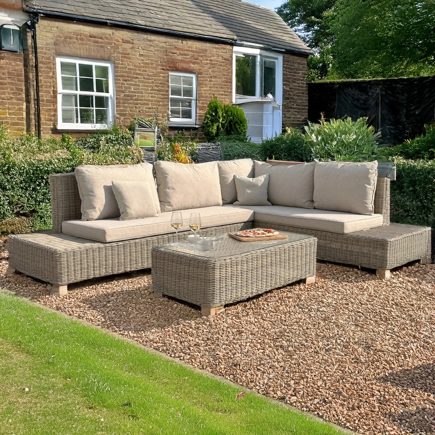 Luxury Capri Outdoor Large Corner Sofa Set In Beige Rattan Effect With Glass Coffee Table