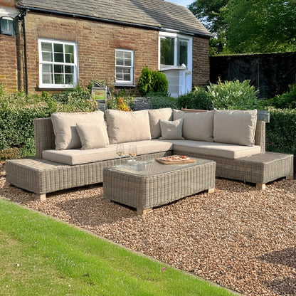 Luxury Capri Outdoor Large Corner Sofa Set In Beige Rattan Effect With Glass Coffee Table