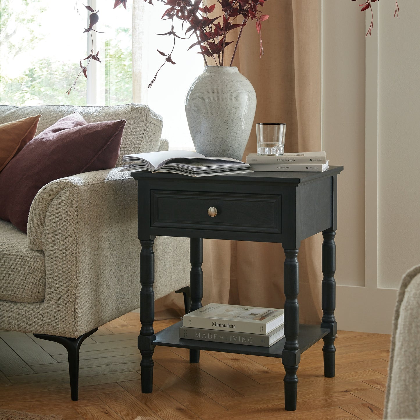 Luxury Contour 1 Drawer Black Wood Side Lamp Table